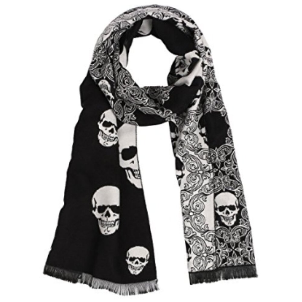 Skull Print Scarf – Soft Long Shawl with Tassels, Elegant Fall Accessory